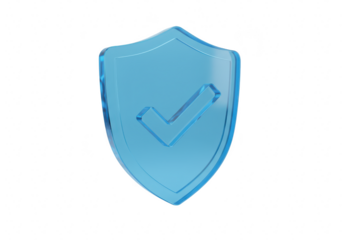Blue glass shield with a check mark, symbolizing security and protection, isolated on transparent background