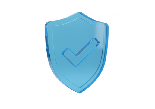 Blue glass shield with a check mark, symbolizing security and protection, isolated on transparent background