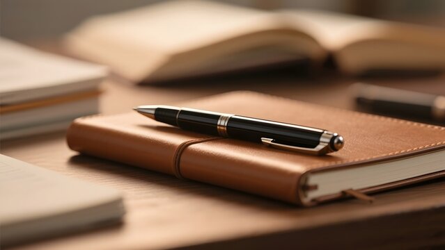 A sleek pen rests on a leather notebook, surrounded by books in a warm, studious setting.