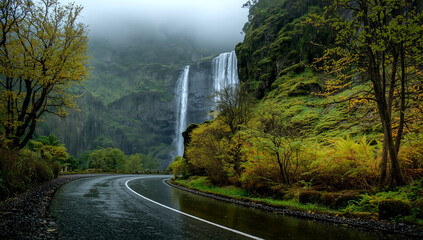 A winding, wet road leads past a powerful waterfall cascading down a moss-covered cliff, surrounded by a misty forest. © BYK