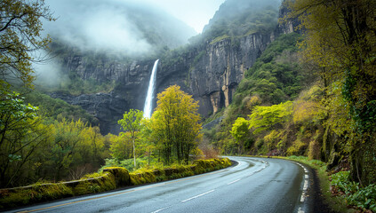 A winding, wet road leads past a powerful waterfall cascading down a moss-covered cliff, surrounded by a misty forest. © BYK