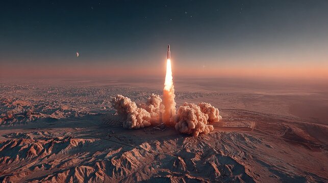 A rocket launches from a desert landscape, plumes of smoke billowing upward against a twilight sky