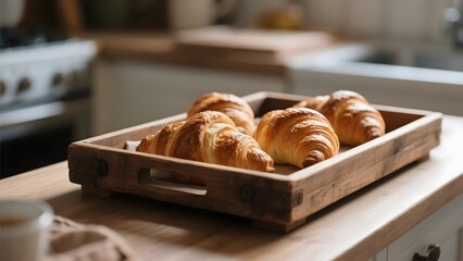 Freshly Baked Croissants on a Wooden Tray in a Kitchen