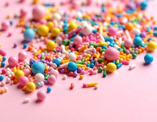 Colorful sprinkles scattered on a pink background