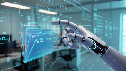 Robotic hand interacting with a futuristic digital interface displaying file folders technology