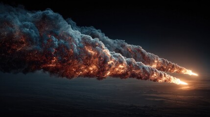 Two fiery meteor trails streak across a dark sky, leaving plumes of smoke and fire
