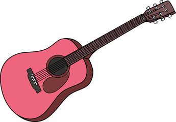 Pink acoustic guitar with dark brown details. Musical instrument concept. Hand drawn outline style for music education.