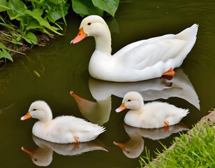 Obraz premium A white duck with baby ducks is swimming in the pond.