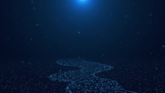 Animation of digital moving particles glowing path across dark space. Visual flow of information, futuristic communication, connectivity through network of infinite virtual data points and tech stream
