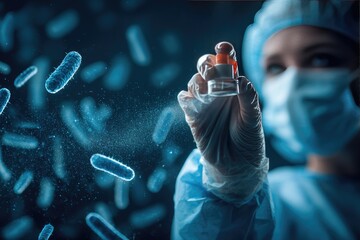 Scientist sprays antimicrobial agent; bacteria float