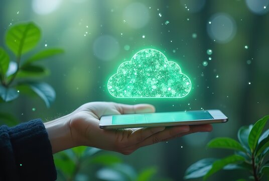 Hand hold tablet with a green screen and a leaf, symbolizing global business and technology - Powered by Adobe