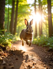Dynamic action shot of a wild brown rabbit jumping along a sunlit forest trail during a golden sunset