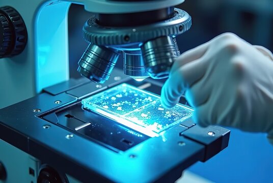 A scientist in a laboratory works with a microscope on a digital motherboard and semiconductor chips