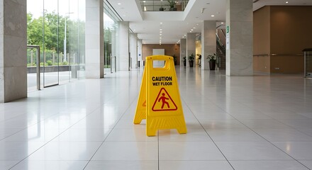 Caution Wet Floor Sign in Modern Lobby or Office Building