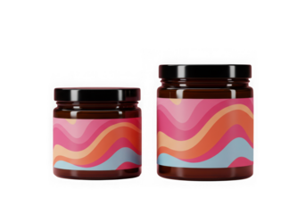 Two amber jars with colorful wavy labels isolated on transparent background