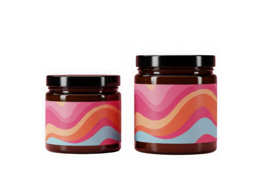 Two amber jars with colorful wavy labels isolated on transparent background