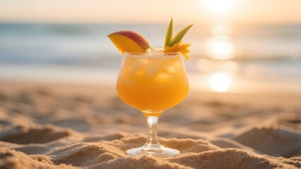 Tropical cocktail with peach and pineapple garnish on a sandy beach at sunset