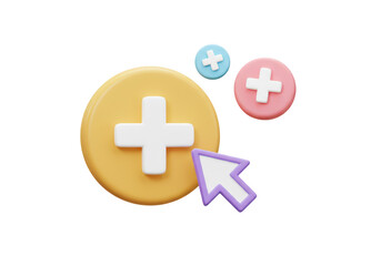 Fototapeta premium Cursor clicking on a large yellow plus sign with smaller medical icons in the background isolated on transparent background