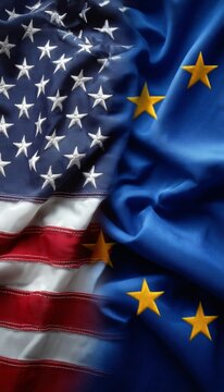 USA and EU Flags Intertwined, Symbolizing Unity and Cooperation in Transatlantic Alliance