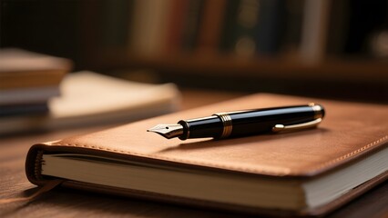 Elegant Fountain Pen Resting on a Leather-Bound Notebook