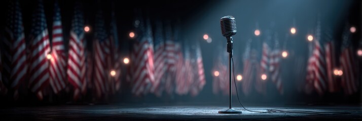 Vintage microphone stands alone on stage with American flags in the background during a solemn evening event