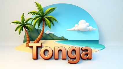 Obraz premium 3D illustration of a beautiful beach in Tonga, known for its golden sands, swaying palm trees, and calm blue sea. The word 'Tonga' in 3D letters below. 2