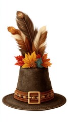 Decorative hat adorned with autumn leaves and feathers for fall celebrations