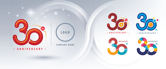 Set of 30th Anniversary logotype design, Thirty years Celebrate Logo. Abstract Infinity Rounded number 30, Colorful loop logos geometric polygon, connect, atom molecule, bubble, machine
