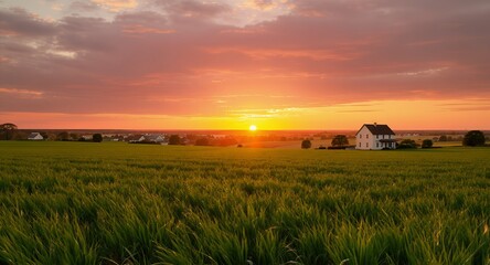Obraz premium Sunset over Green Field with Rural Home