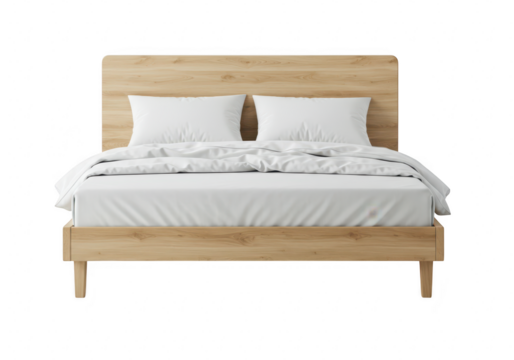 Modern wooden bed with white bedding, isolated on transparent background - Powered by Adobe