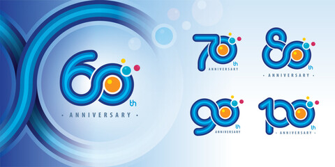 Set 60 to 100 years Anniversary logotype design, Sixty to Hundred years Celebrating Logo. Abstract Infinity Round number 10, 20, 30 ,40, 50, Blue Infinity logos, Colorful Bubbles for celebration event