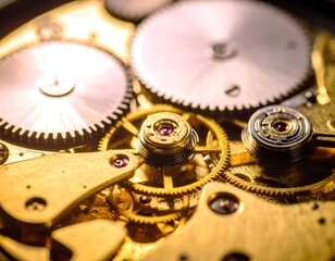 Close-up of intricate clockwork gears, showcasing polished metallic components and complex mechanical design