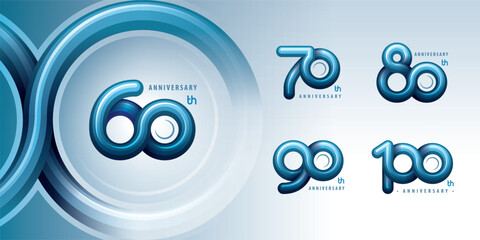 Set 60 to 100 years Anniversary logotype design, Sixty to Hundred year Celebrating Logo. Abstract embossed Balloon Infinity Round number 60, 70, 80, 90, 100, Infinity logo Rounded line for celebration