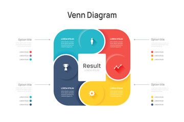 Venn diagram business infographic square circle chart template 4 options, presentation with icons vector illustration.