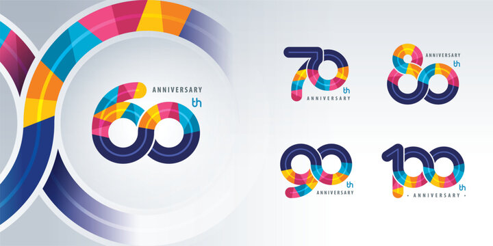 Set 60 to 100 year Anniversary logotype design, Sixty to Hundred years Celebrate Logo. Abstract Infinity Round number 60, 70, 80, 90, 100, Infinity Rounded logo Colorful geometric polygon, celebration
