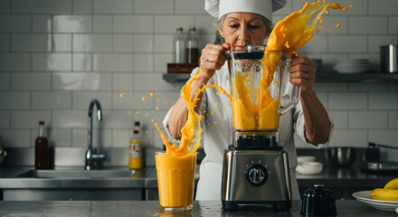 Elderly female chef in uniform creates a dynamic orange liquid splash while using a blender in a professional kitchen.