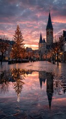 Obraz premium Sparkling holiday lights illuminate cobblestone street at sunset near historic church in European town