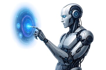 Futuristic Humanoid Robot Using Holographic Touch Interface on White Background &ndash; AI Technology Concept