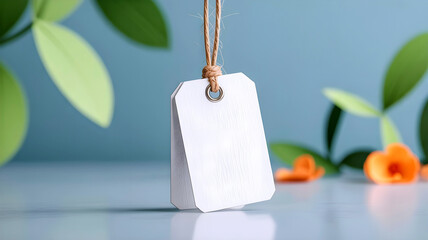 Shimmering Tag Mockup Tied with Natural Jute and Green Leaves
