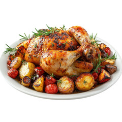 Roasted chicken with potatoes and tomatoes, garnished with rosemary, a delicious and flavorful meal on transparent background