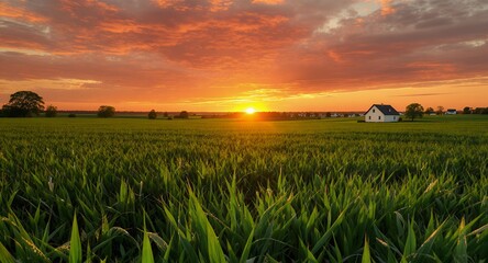 Vibrant Sunset over Green Field with Rural Home