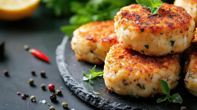 A tray of crispy, flavorful crab cakes with a garnish on a dark plate.