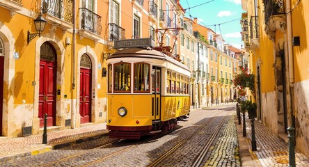 Fototapeta premium Vintage Tram on Cobblestone Street