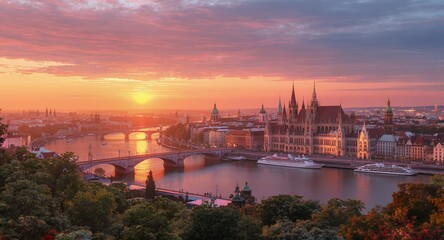 Obraz premium Vibrant Cityscape Sunset River Bridges and Historic Architecture