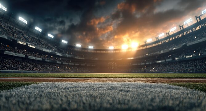 Baseball stadium at sunset, filled with fans