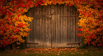 Rustic old wooden barn framed by vibrant autumn foliage, with a path covered in fallen leaves leading to its closed doors