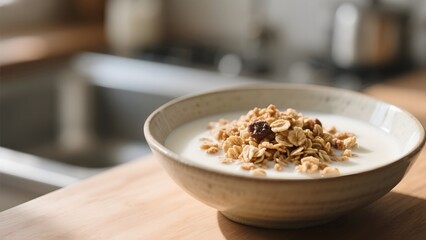 Bowl of Granola with Milk on a Wooden Table
