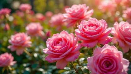 Obraz premium Stunning vibrant pink roses bloom beautifully in soft sunlight creating a romantic garden scene