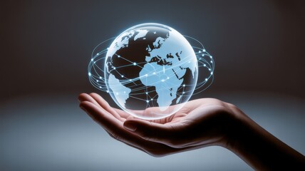 Futuristic concept of global connectivity, communication, and business with a hand holding a networked Earth hologram