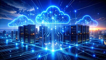 Cityscape with cloud computing servers